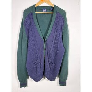 Vintage GAP Mens Colorblock Cable Knit Cardigan Sweater Green Purple Large